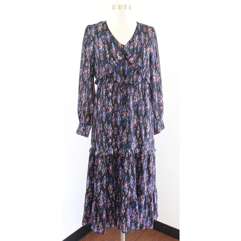 Jade Melody Tam Black Blue Metallic Ruffle V Neck Midi Maxi Dress Sz XS Printed